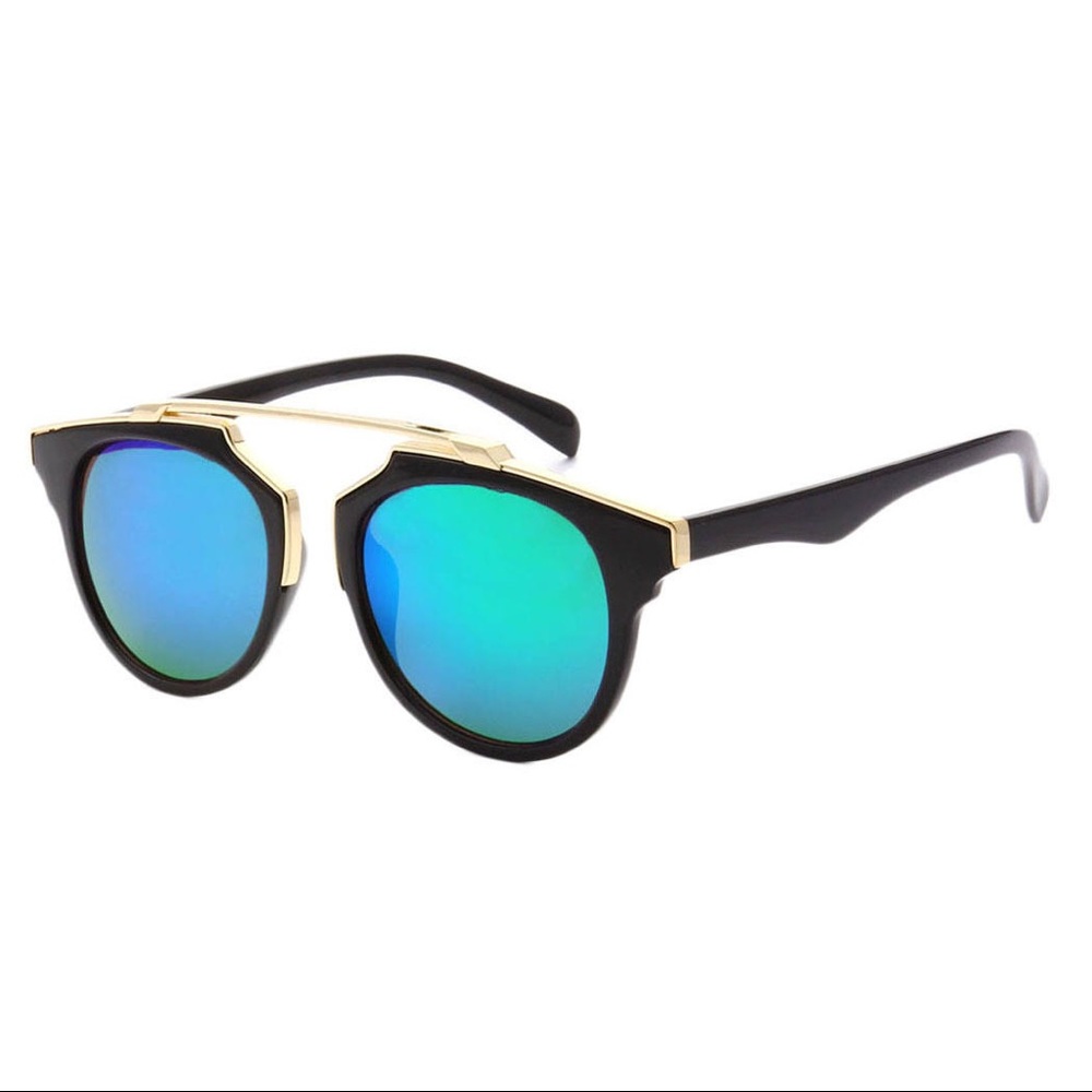 BRAND NEW. Modern Sunglasses. Flat Brow Bar. Black Gold Emerald.
